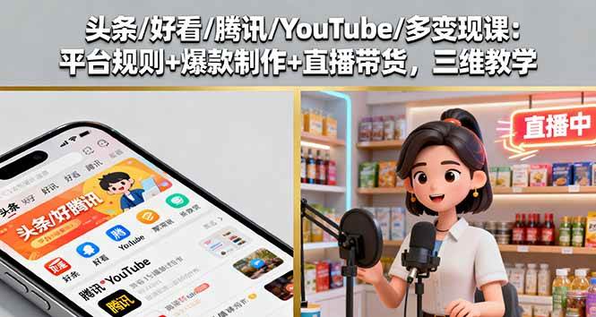 （16147期）头条/好看/腾讯/YouTube/多变现课：平台规则+爆款制作+直播带货，三维教学-3YVIP资源库