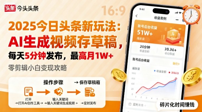 2025年今日头条躺賺新玩法，AI生成视频存草稿，每天5分钟发布，最高月1W+【揭秘】-3YVIP资源库