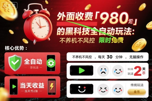 外面收费980的黑科技全自动玩法，不养机不风控，每天30分钟，无脑操作，当天收益2张【揭秘】-3YVIP资源库