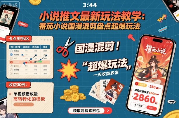 小说推文最新玩法教学，番茄小说国漫混剪盘点超爆玩法，全程干货，一天收益多张-3YVIP资源库