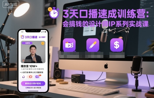 3天口播速成训练营，会搞钱的设计师IP系列实战课-3YVIP资源库