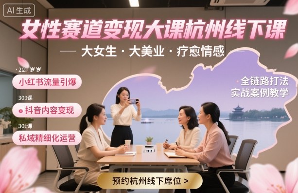 女性赛道变现大课杭州线下，大女生，大美业，疗愈情感，一套小红书、抖音、私域全链路打法-3YVIP资源库
