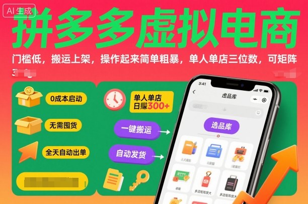 拼多多虚拟电商，门槛低，搬运上架，操作起来简单粗暴，单人单店三位数，可矩阵-3YVIP资源库