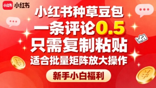 小红书种草豆包，一条评论0.5，只需复制粘贴，适合批量矩阵放大操作，新手小白福利-3YVIP资源库
