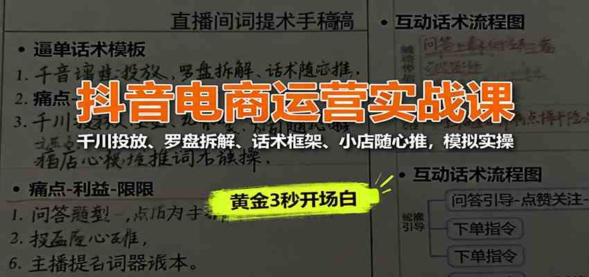 抖音电商运营实战课：千川投放、罗盘拆解、话术框架、小店随心推，模拟实操-3YVIP资源库