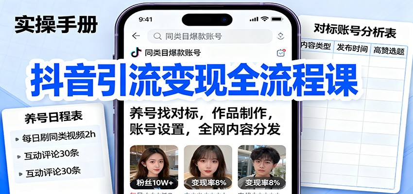 抖音引流变现全流程课：养号找对标，作品制作，账号设置，全网内容分发-3YVIP资源库