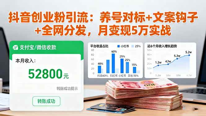 （16338期）抖音创业粉引流：养号对标+文案钩子+全网分发，月变现5万实战-3YVIP资源库