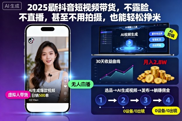 2025最新抖音短视频带货，不露脸、不直播，甚至不用拍摄，也能轻松挣米-3YVIP资源库