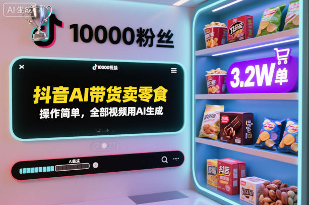 抖音AI带货卖零食，操作简单，全部视频用AI生成，一万粉丝，卖了3.2W单-3YVIP资源库