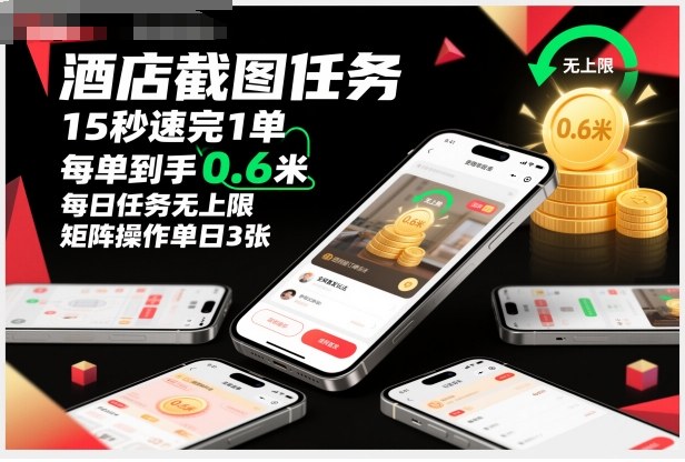 酒店截图任务，15秒速完1单，每单到手0.6米，每日任务无上限，全网首发玩法，矩阵操作单日3张【揭秘】-3YVIP资源库