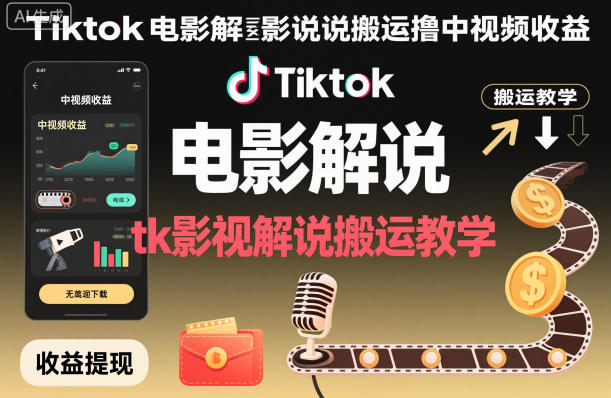 Tiktok电影解说搬运撸中视频收益，tk影视解说搬运教学-3YVIP资源库